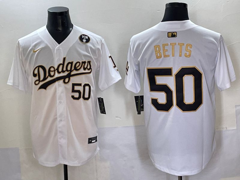 Men 2025 Los Angeles Dodgers #50 Betts White Gold Nike MLB Jersey style 6277